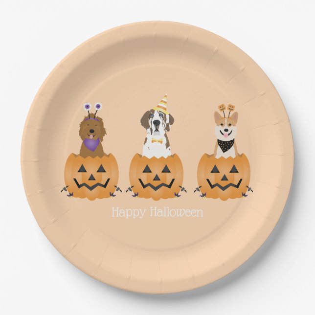 Plato De Papel Perros felices de Halloween en calabazas (Anverso)
