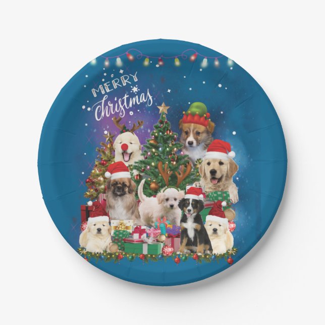 Plato De Papel Perros Feliz Navidad Luz (Anverso)