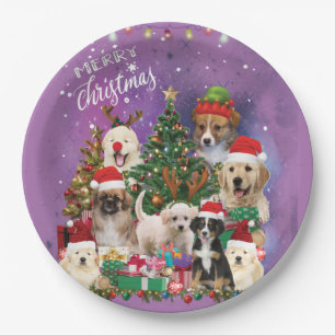 Plato De Papel Perros Feliz Navidad Luz