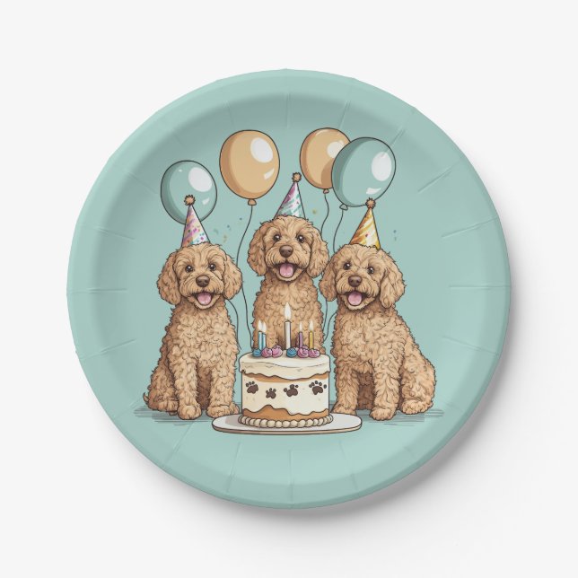 Plato De Papel Perros Goldendoodle de cumpleaños (Anverso)