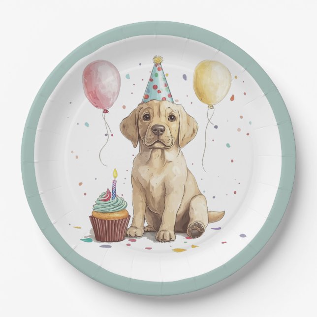 Plato De Papel Perros Labrador Retriever de cumpleaños (Anverso)