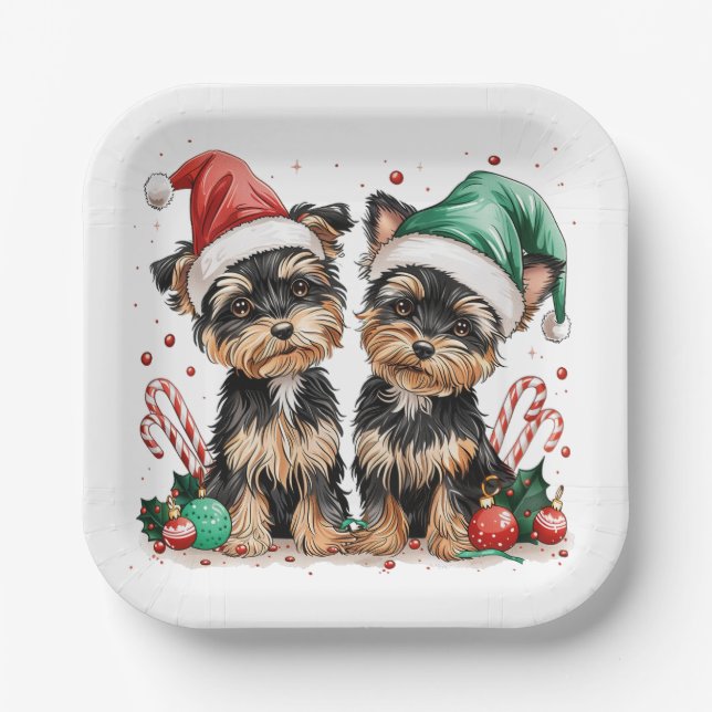 Plato De Papel Perros Yorkshire Terrier de Navidad (Anverso)