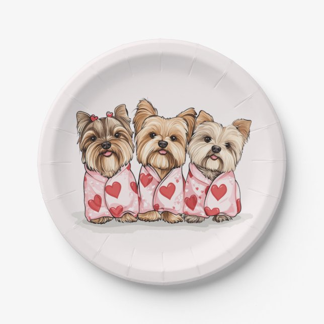 Plato De Papel Perros Yorkshire Terrier Día de San Valentín (Anverso)