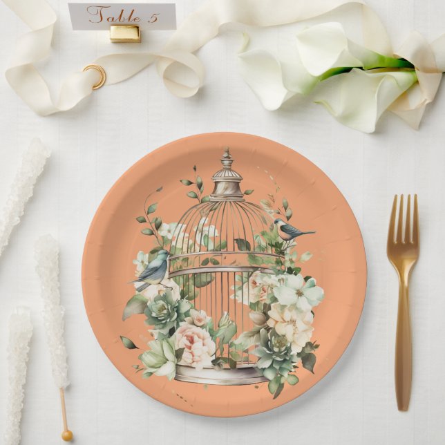 Plato De Papel Persimmon Naranja White Green Gold Shower (Boda)