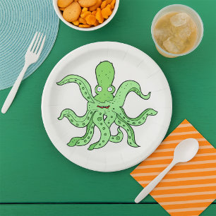 Plato De Papel Personaje de Pulpo Verde Monstruo Marino Peculiar