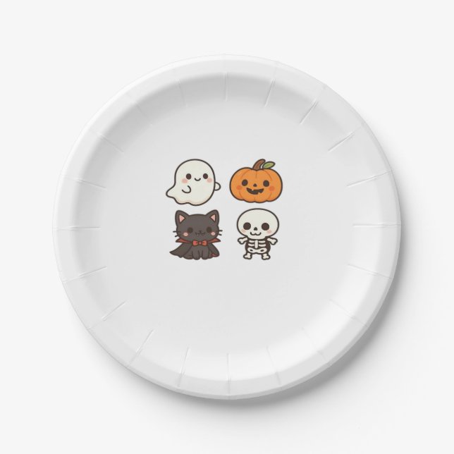 Plato De Papel Personajes de Halloween - Fantasma, Calabaza, Gato (Anverso)