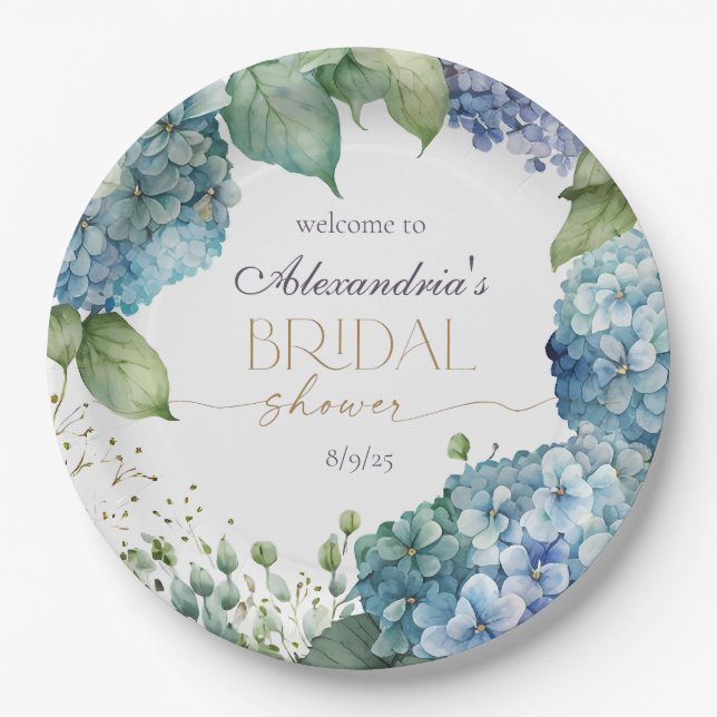 Plato De Papel Personalise Bridal Shower Blue Hydrangeas Welcome (Anverso)