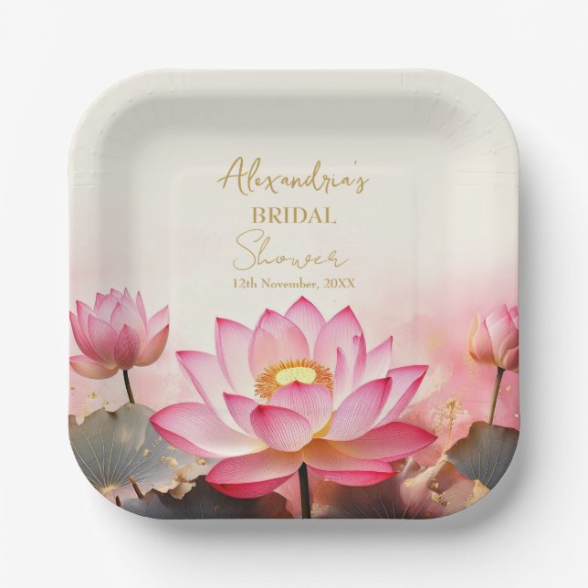 Plato De Papel Personaliza Bridal Shower Pink Lotus No 2 (Anverso)