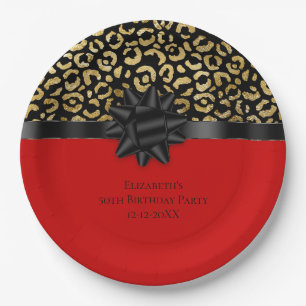 Plato De Papel Personaliza Cumpleaños Estampado Leopardo Rojo Neg