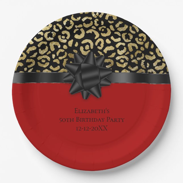 Plato De Papel Personaliza Cumpleaños Estampado Leopardo Rojo Neg (Anverso)