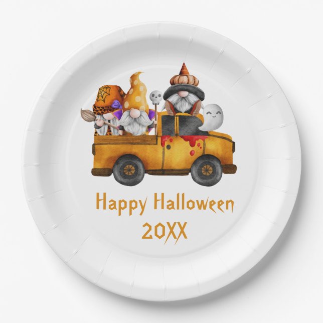 Plato De Papel Personaliza el camión Naranja Gnomes de Halloween (Anverso)