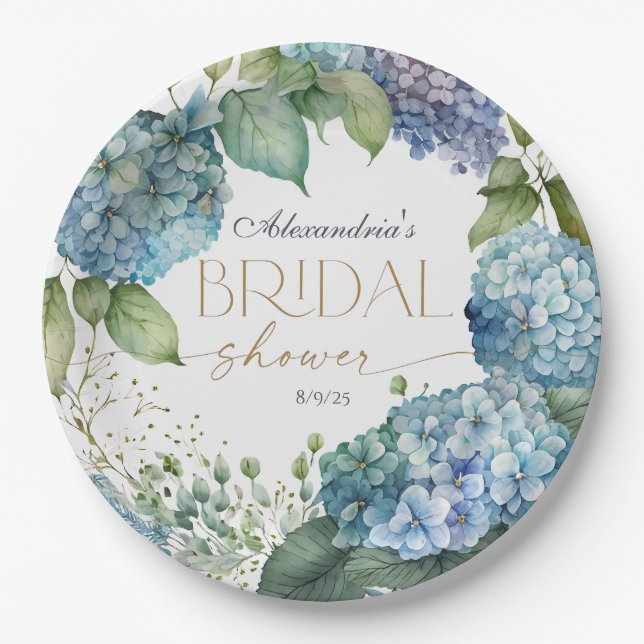 Plato De Papel Personaliza Hydrangeas Azules para Despedida de So (Anverso)
