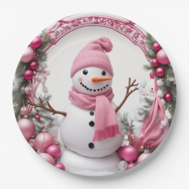 Plato De Papel Personaliza: Navidades rosados Snowman