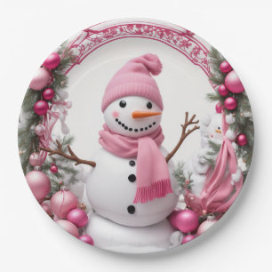 Plato De Papel Personaliza: Navidades rosados Snowman