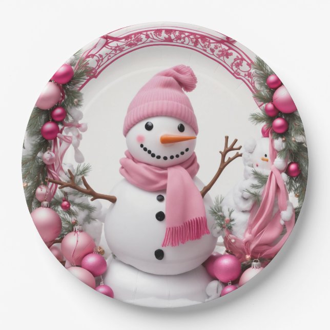 Plato De Papel Personaliza: Navidades rosados Snowman (Anverso)