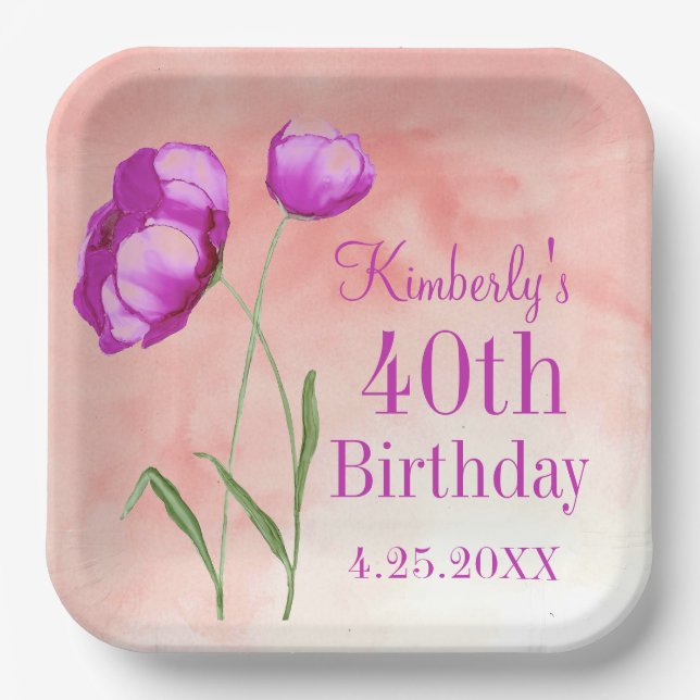 Plato De Papel Personalizable 40.º cumpleaños Flores rosa brillan (Anverso)