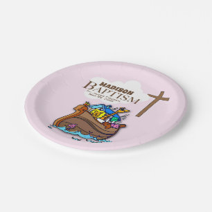 Plato De Papel Personalizable, Bautizo de Niña Arca de Noé