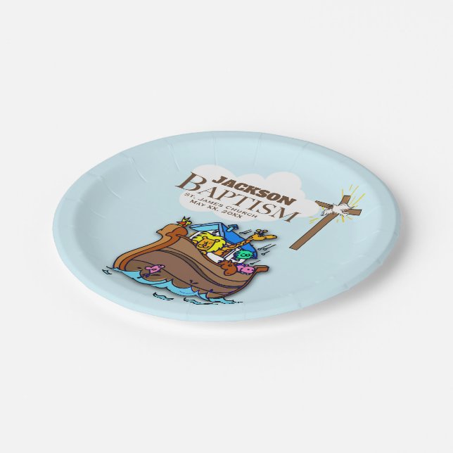 Plato De Papel Personalizable, Bautizo de Niño Arca de Noé (Angular)