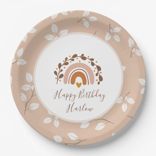 Plato De Papel Personalizable Boho Rainbow Happy Birday Plates (Anverso)