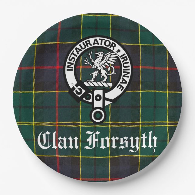 Plato De Papel Personalizable Clan Forsyth Escudo Badge & Tartan (Anverso)