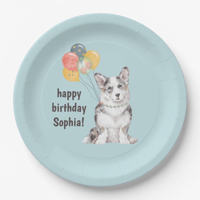 Plato De Papel Personalizable Corgi Cumpleaños Gracias (Anverso)
