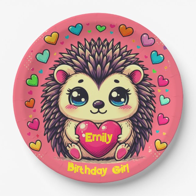 Plato De Papel Personalizable Cute Hedgehog Chica de cumpleaños (Anverso)