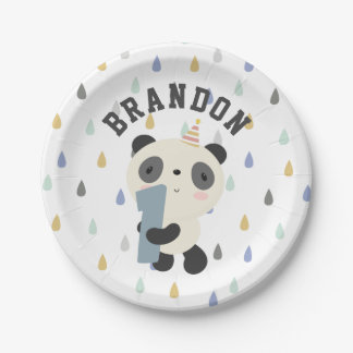 Plato De Papel Personalizable Cute Panda Primer Globo de Cumpleañ