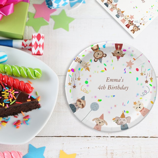 Plato De Papel personalizable de animales fiestas (Girly Birthday Party Animals customizable Paper Plates)