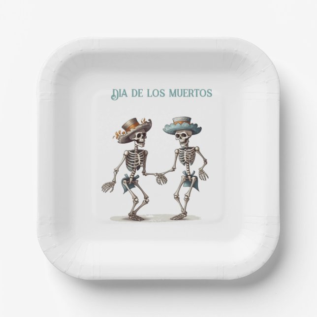 Plato De Papel Personalizable de esqueletos bailarines de Dia de  (Anverso)