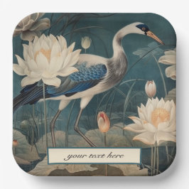 Plato De Papel Personalizable de grúa azul botánico vintage