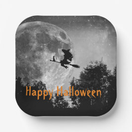 Plato De Papel Personalizable de Halloween Bruja y Luna