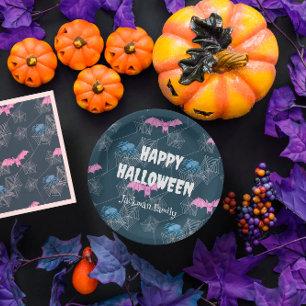 Plato De Papel Personalizable de Halloween con murciélagos y arañ