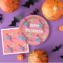 Plato De Papel Personalizable de Halloween rosa
