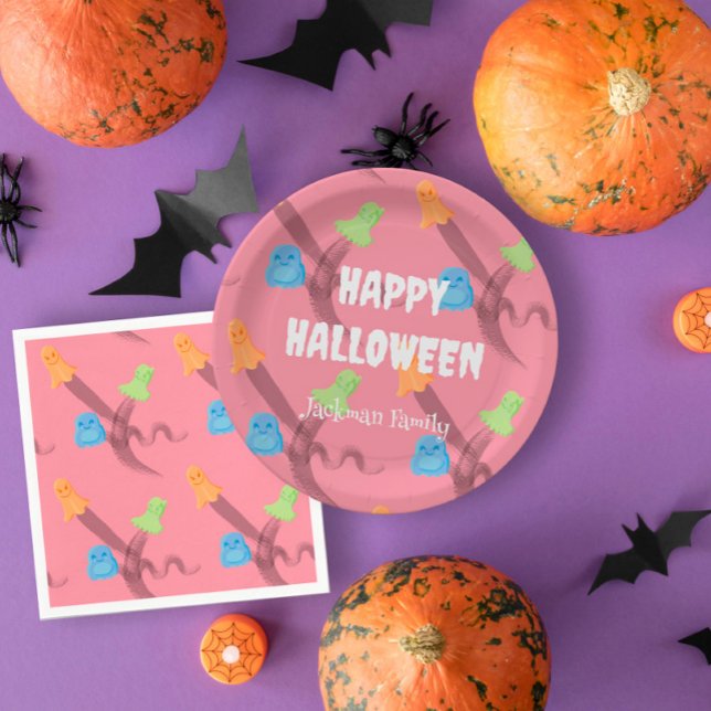 Plato De Papel Personalizable de Halloween rosa (Cute pink Halloween customizable Paper Plates
)