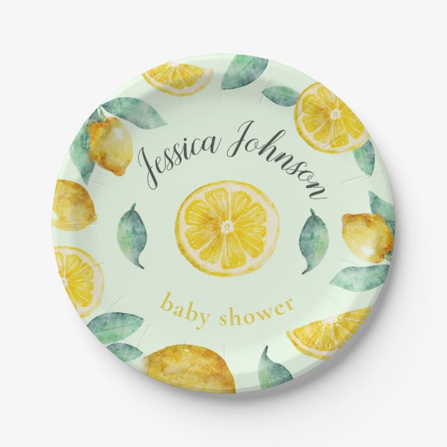 Plato De Papel Personalizable de limones de color agua (Anverso)