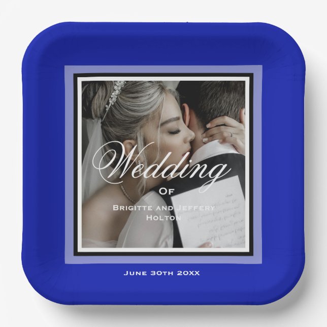 Plato De Papel Personalizable de pareja boda azul cobalto (Anverso)