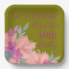 Plato De Papel Personalizable Florals de color de agua rosa Cumpl