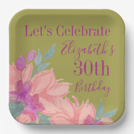 Plato De Papel Personalizable Florals de color de agua rosa Cumpl