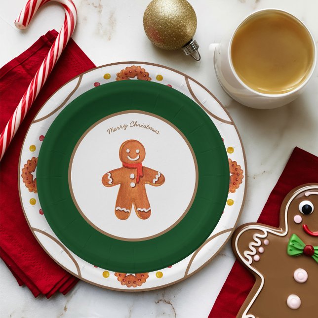 Plato De Papel Personalizable Gingerbread Cookie de navidades (Cute Christmas Gingerbread Man Paper Plate with Green Border)