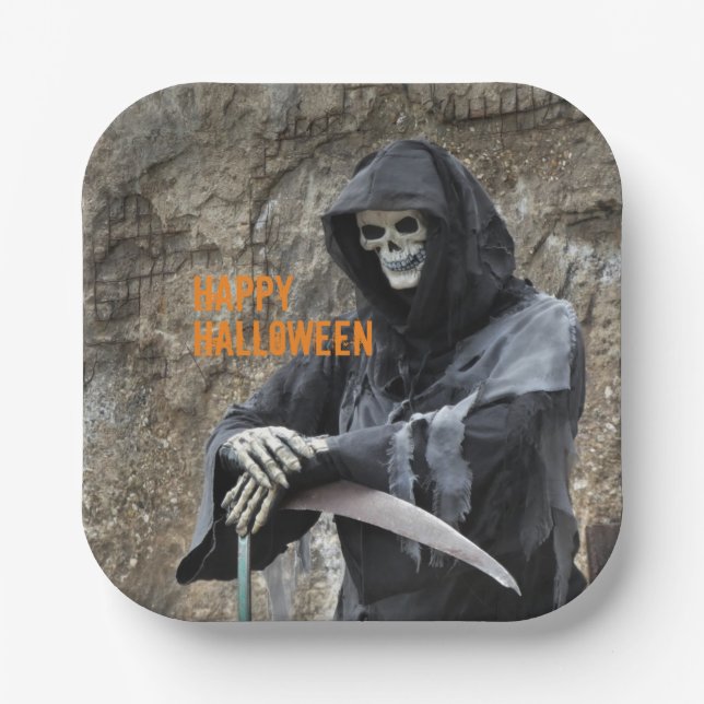 Plato De Papel Personalizable Halloween Grim Reaper (Anverso)