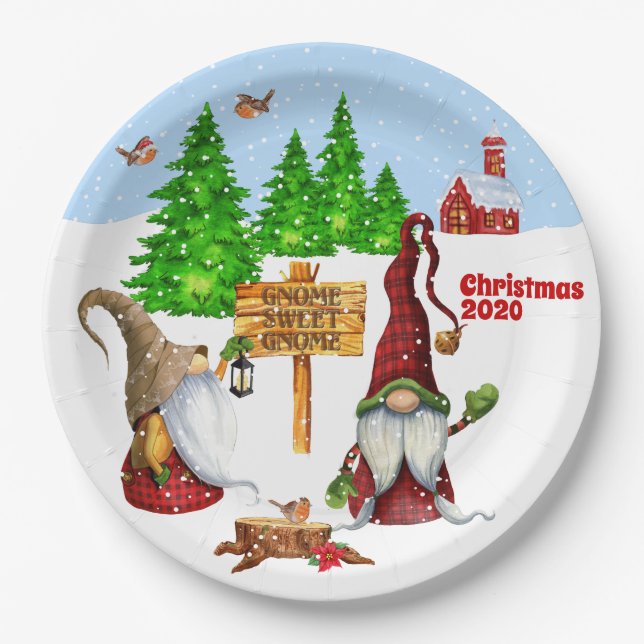 Plato De Papel Personalizable Hogar Sweet Home Gnome Winter Scene (Anverso)