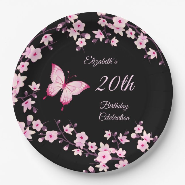 Plato De Papel Personalizable negro rosado en flor de cerezo  (Anverso)