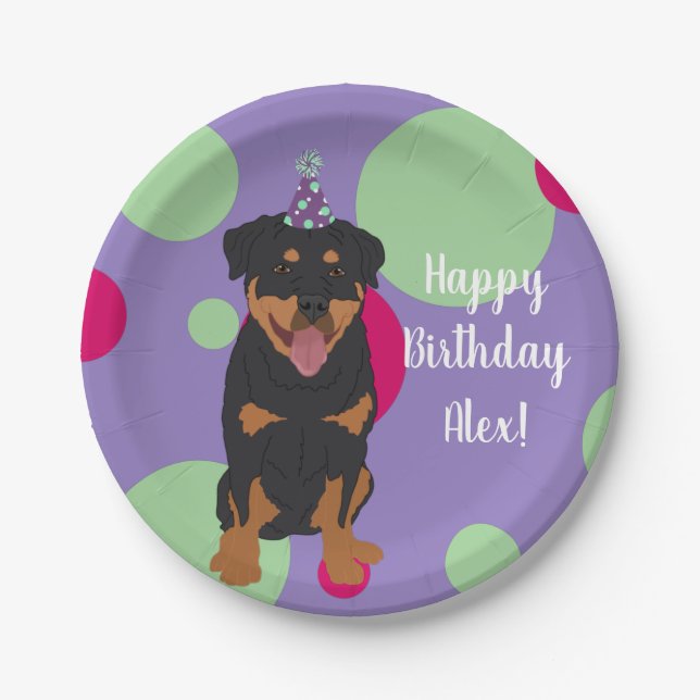 Plato De Papel Personalizable Rottweiler Cumpleaños (Anverso)