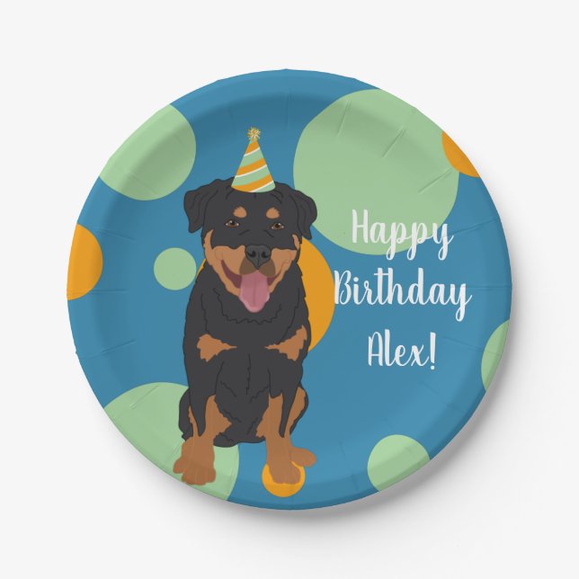 Plato De Papel Personalizable Rottweiler Cumpleaños (Anverso)