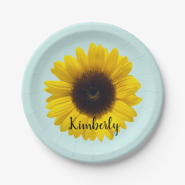 Plato De Papel Personalización con nombre girasol grande (Anverso)
