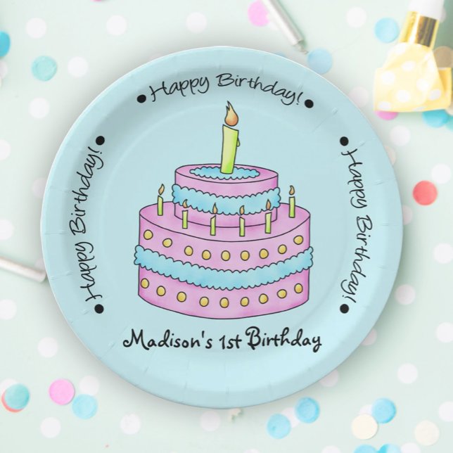 Plato De Papel Personalización del nombre del pastel de primer cu (Celebrate a first birthday and make it special with easy to edit name personalization!)