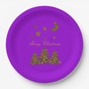 Plato De Papel Personalización, espumoso árbol de Navidad, luna, 