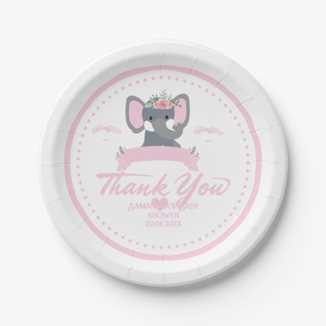 Plato De Papel Personalizada floral rosa lindo Elefante Baby Show (Anverso)