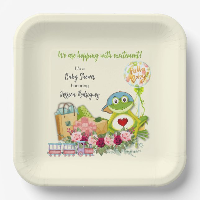 Plato De Papel Personalizada la Baby Shower de rana caprichosa (Anverso)