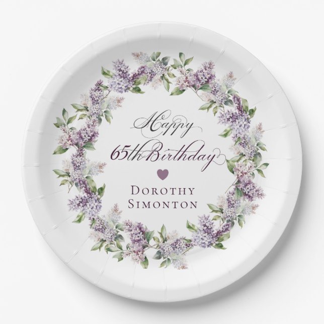 Plato De Papel Personalizado 65º cumpleaños Flor Primavera Lilac  (Anverso)